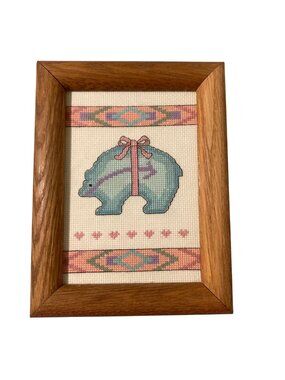 Zuni Inspired Bear Fetish Vintage Framed Framed Cross-Stitch Southwest Design